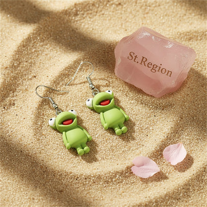 Green Polymer Clay and Silver-Plated Frog Drop Earrings, silver drop earrings for women, detail close-up