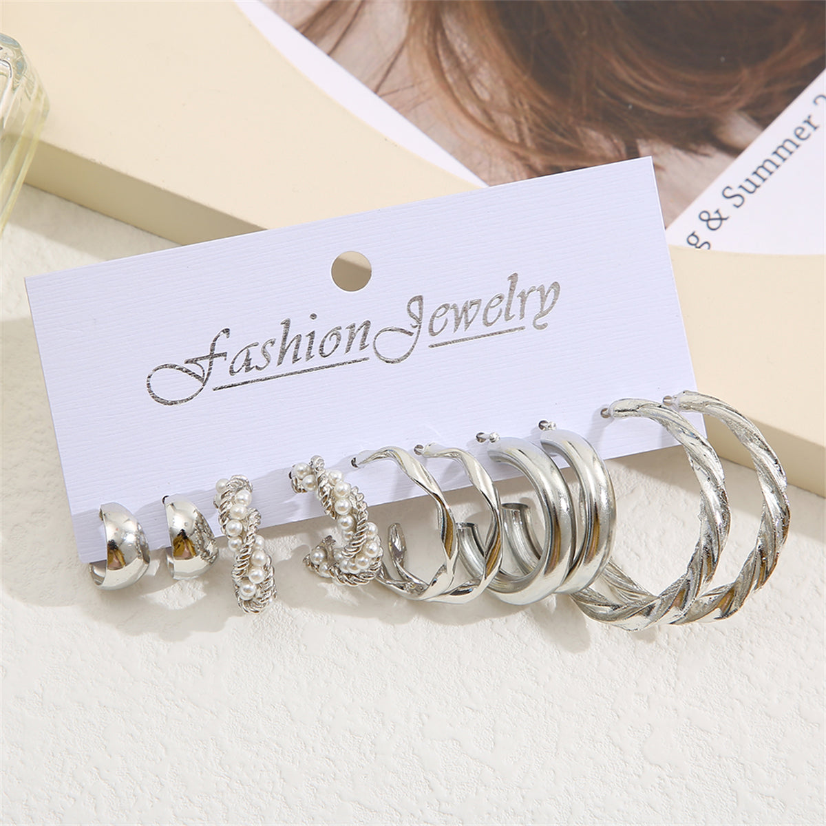 Pearl and Silver-Plated Five-Pair Hoop-Earring Set, elegant gift for her, front view