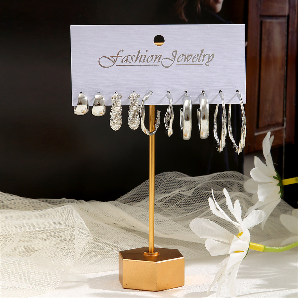 Pearl and Silver-Plated Five-Pair Hoop-Earring Set, elegant gift for her, detail close-up