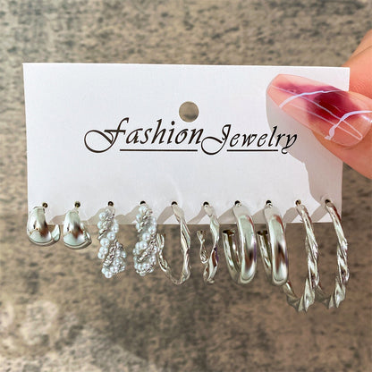 Pearl and Silver-Plated Five-Pair Hoop-Earring Set, elegant gift for her, styled look