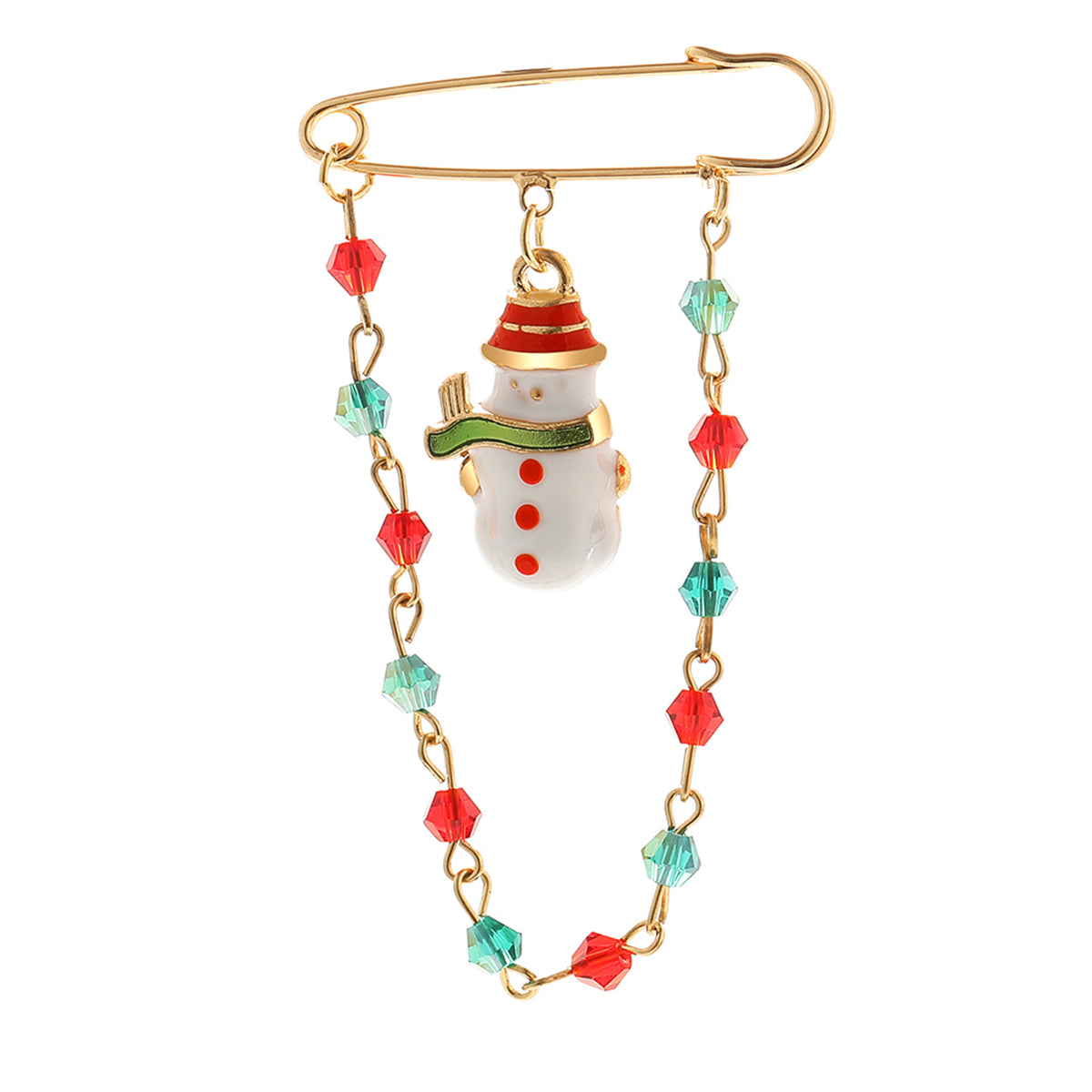 18K Gold-Plated and Multicolor Bead Snowman Chain Brooch, gold brooch pin, dainty minimalist design, front view
