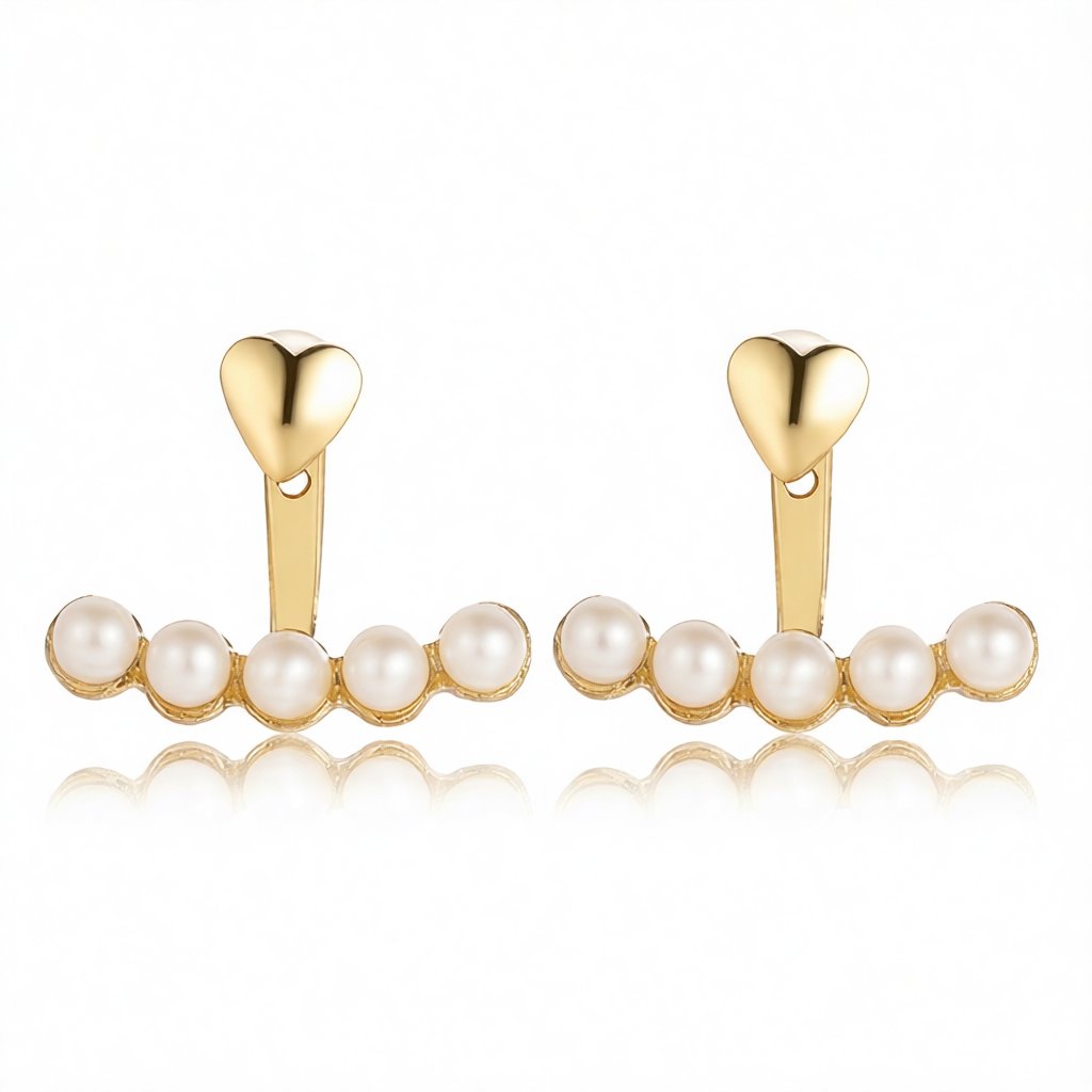 Pearl and 18K Gold-Plated Heart Ear Jackets, botanical inspired, side view