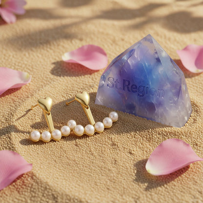Pearl and 18K Gold-Plated Heart Ear Jackets, botanical inspired, detail close-up