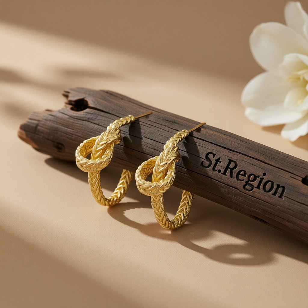 18K Gold-Plated Knot Hoop Earrings, gold huggie earrings, elegant gift for her, front view