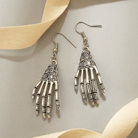 Silver-Plated Skeleton Hand Drop Earrings, silver drop earrings for women, everyday style, front view