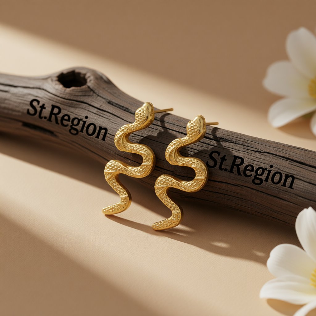 18K Gold-Plated Snake Stud Earrings, gold stud earrings for women, everyday style, front view