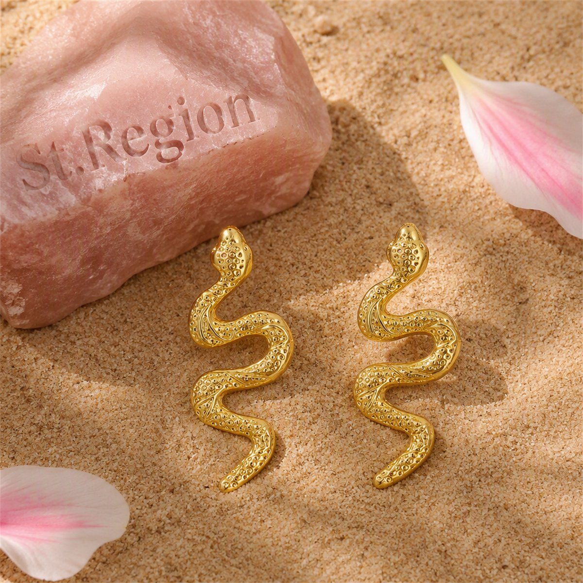 18K Gold-Plated Snake Stud Earrings, gold stud earrings for women, everyday style, detail close-up