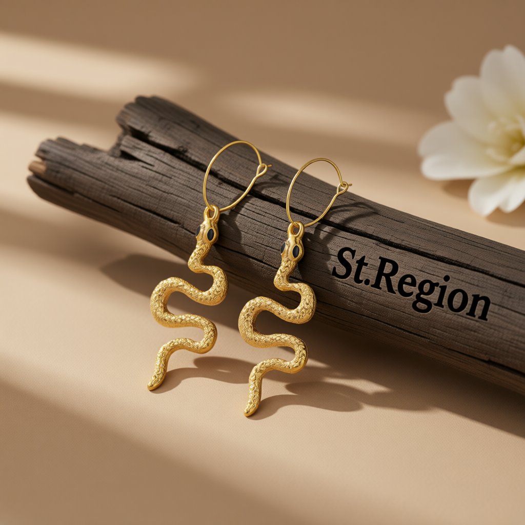 18K Gold-Plated Snake Drop Earrings, gold huggie earrings, dainty minimalist design, front view
