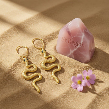 18K Gold-Plated Snake Drop Earrings, gold huggie earrings, dainty minimalist design, detail close-up
