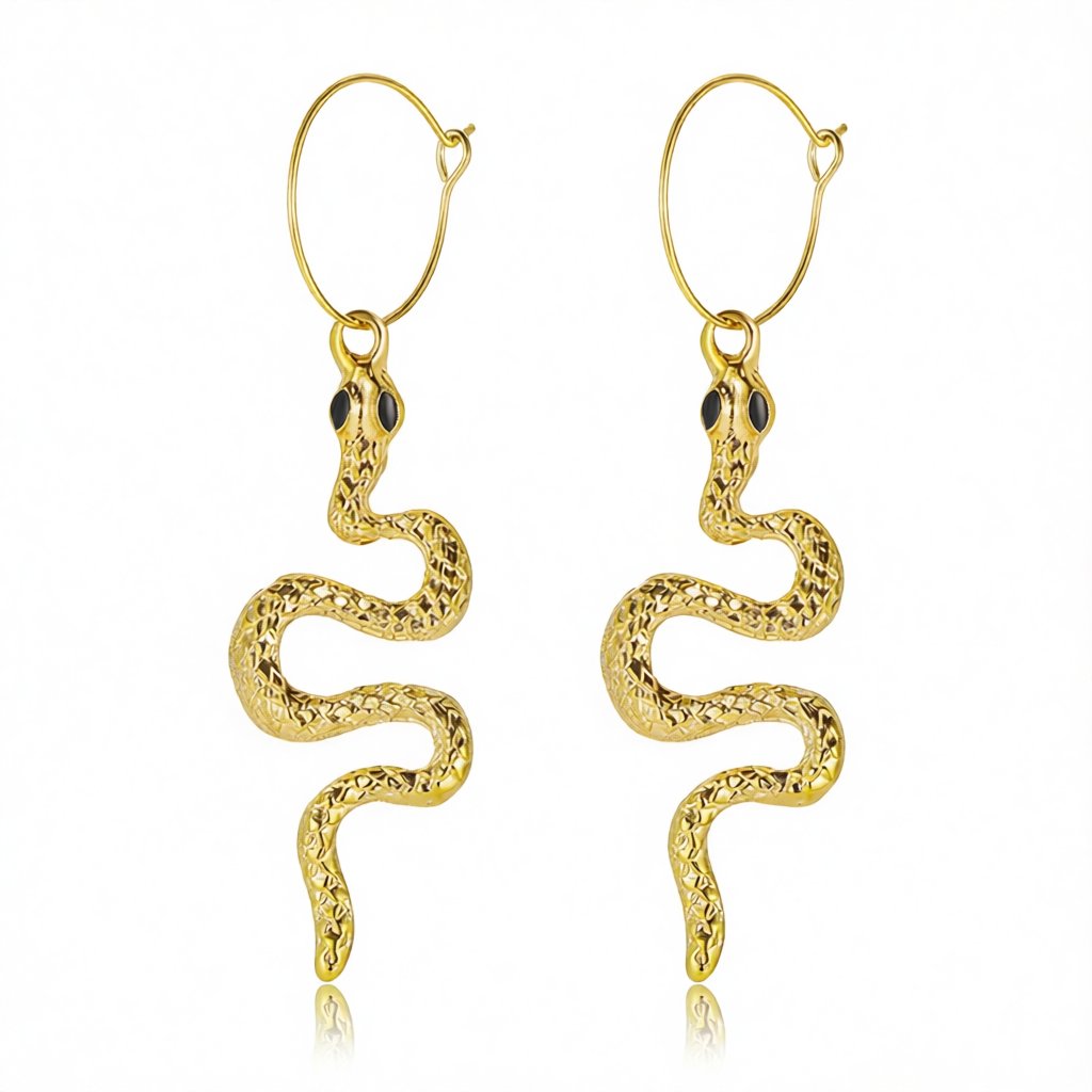 18K Gold-Plated Snake Drop Earrings, gold huggie earrings, dainty minimalist design, side view