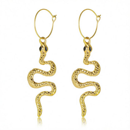 18K Gold-Plated Snake Drop Earrings, gold huggie earrings, dainty minimalist design, side view