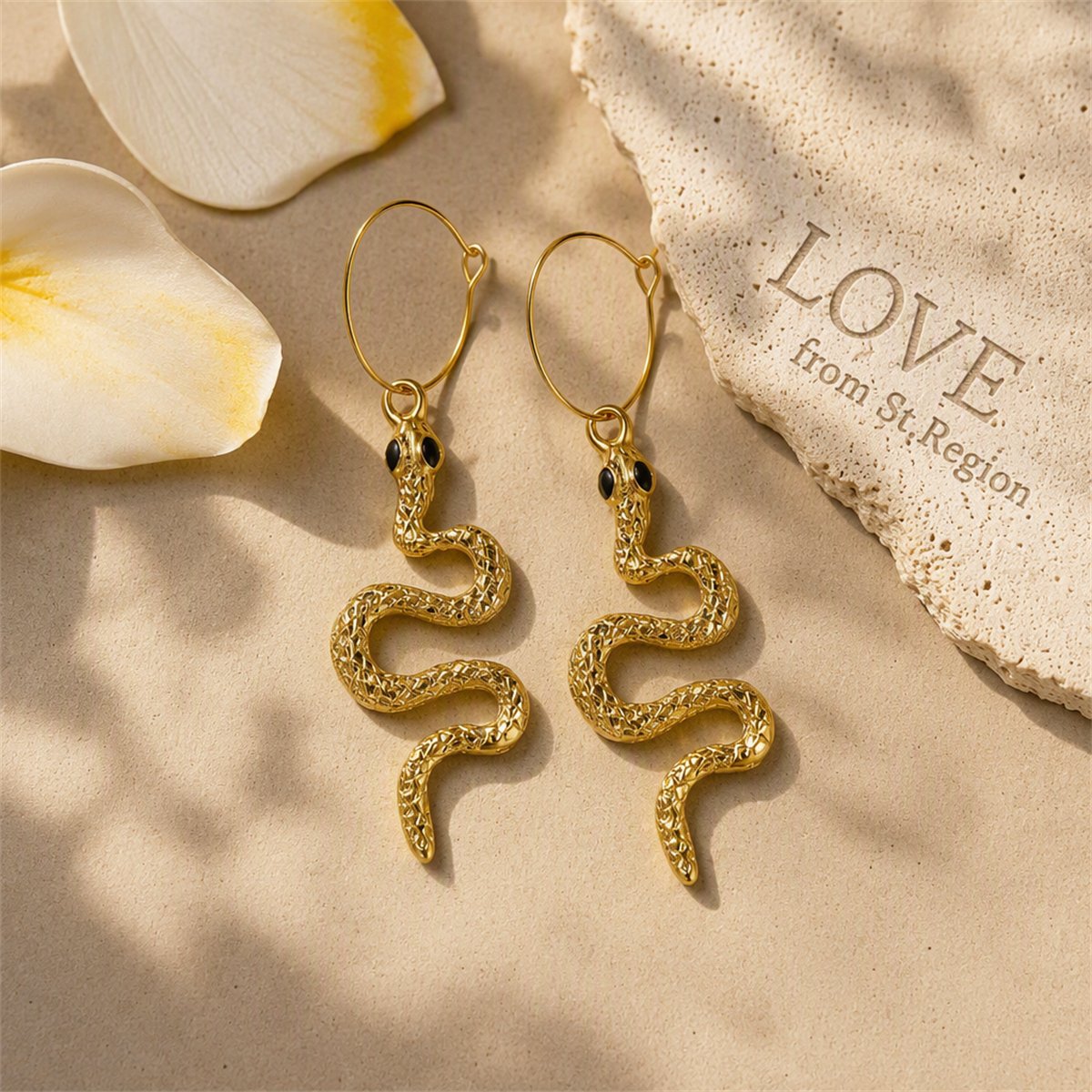 18K Gold-Plated Snake Drop Earrings, gold huggie earrings, dainty minimalist design, lifestyle look