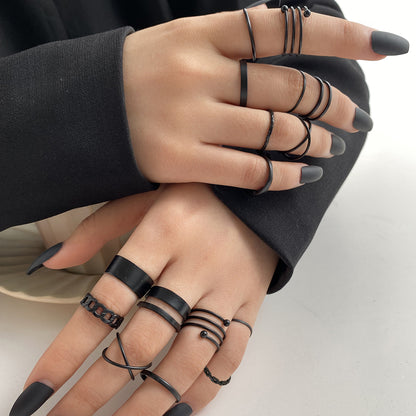 Black-Plated Stacking Ring Set, statement rings for women, botanical inspired, front view
