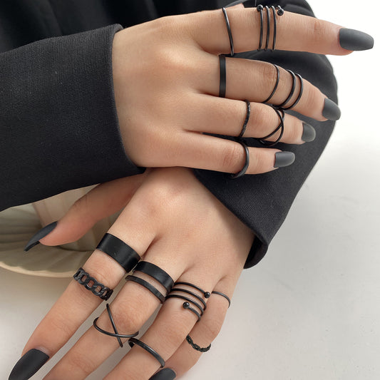 Black-Plated Stacking Ring Set, statement rings for women, botanical inspired, front view