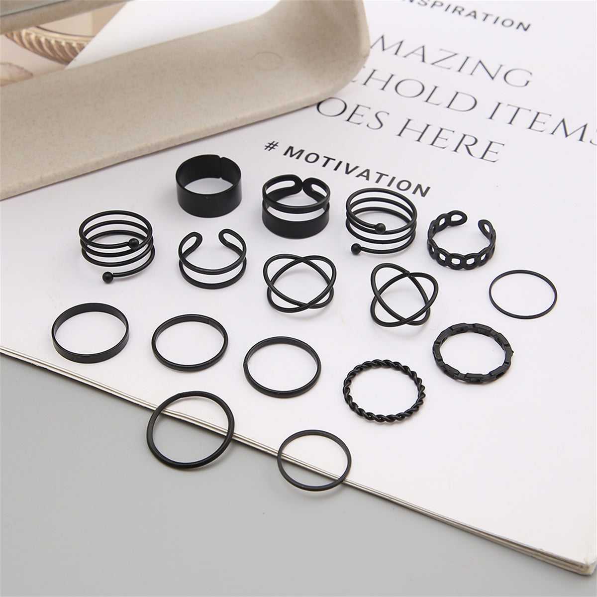 Black-Plated Stacking Ring Set, statement rings for women, botanical inspired, detail close-up