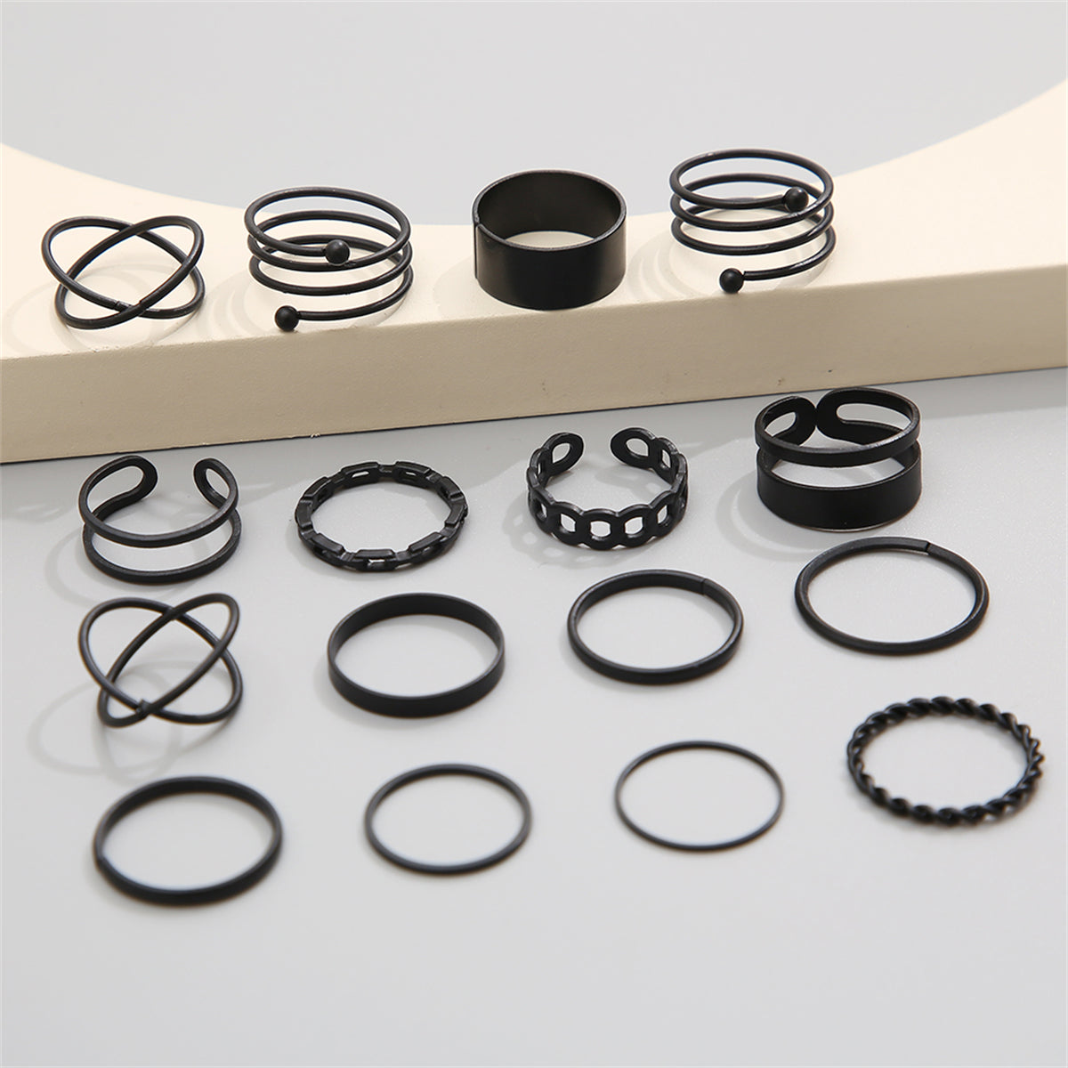 Black-Plated Stacking Ring Set, statement rings for women, botanical inspired, styled look