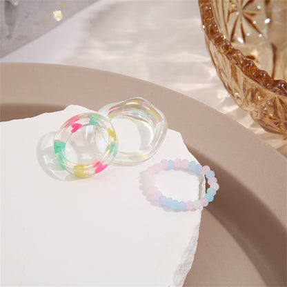 Quartz and Green Heart Stretch Ring Set, statement rings for women, dainty minimalist design, detail close-up