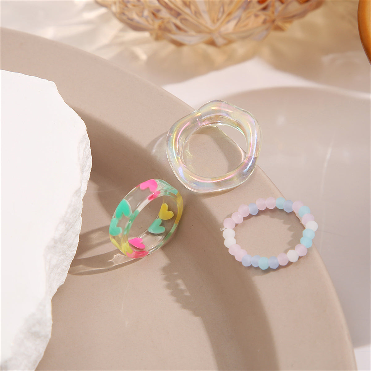 Quartz and Green Heart Stretch Ring Set, statement rings for women, dainty minimalist design, lifestyle look