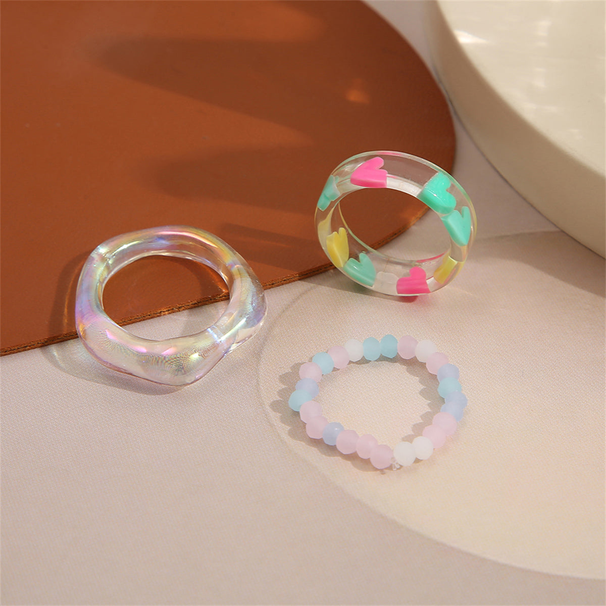 Quartz & Green Heart Stretch Ring Set