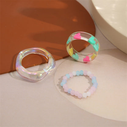 Quartz and Green Heart Stretch Ring Set, statement rings for women, dainty minimalist design, styled look
