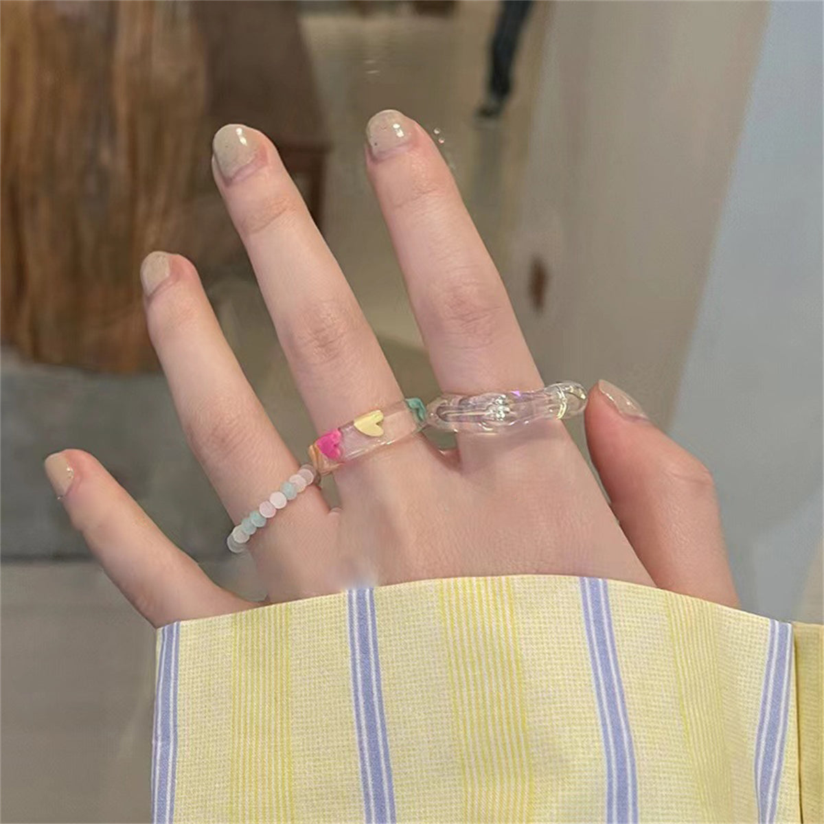 Quartz and Green Heart Stretch Ring Set, statement rings for women, dainty minimalist design, front view