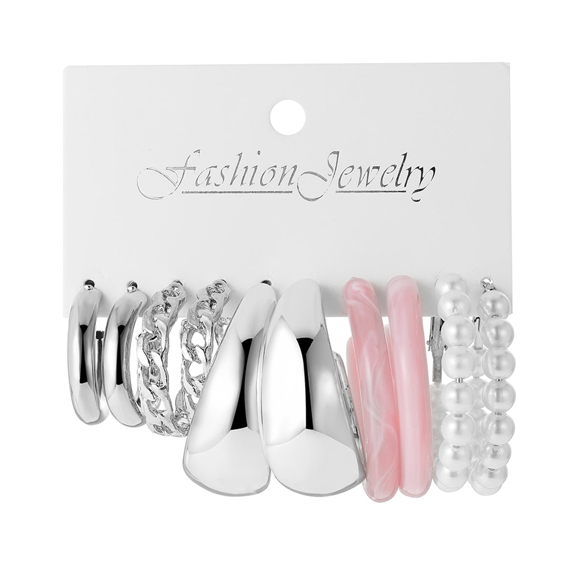 Pink Resin and Pearl Silver-Plated Hoop Earrings Set, silver huggie earrings, botanical inspired, front view