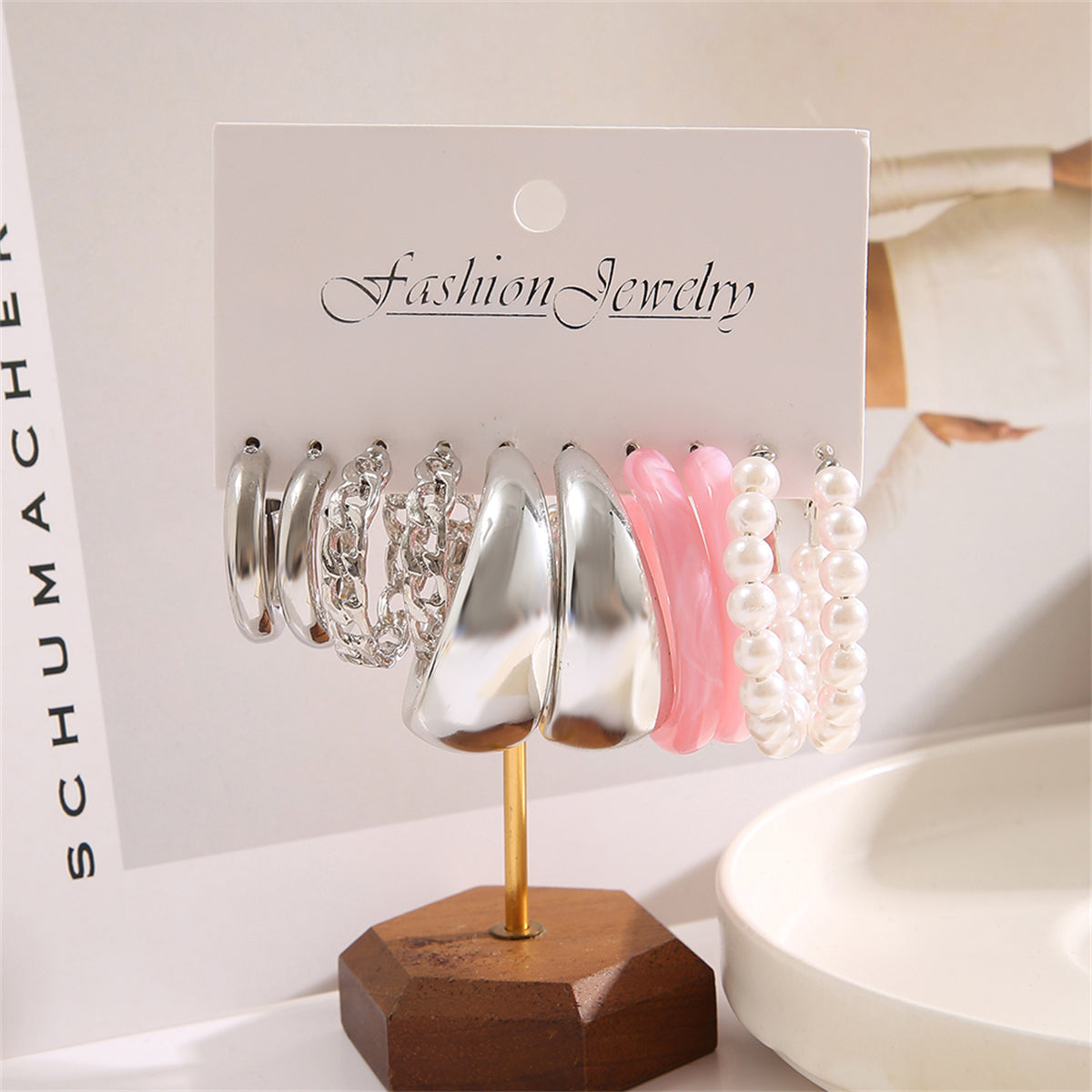Pink Resin and Pearl Silver-Plated Hoop Earrings Set, silver huggie earrings, botanical inspired, side view