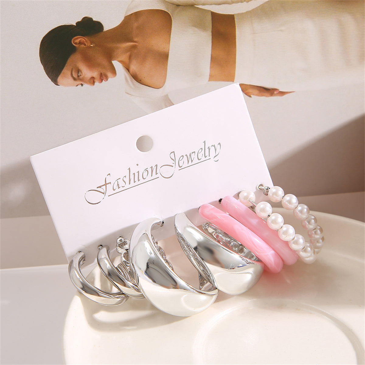 Pink Resin and Pearl Silver-Plated Hoop Earrings Set, silver huggie earrings, botanical inspired, detail close-up