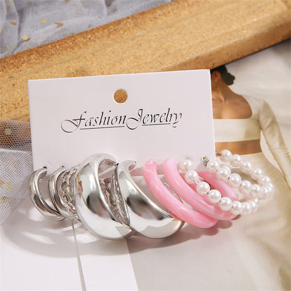 Pink Resin and Pearl Silver-Plated Hoop Earrings Set, silver huggie earrings, botanical inspired, lifestyle look