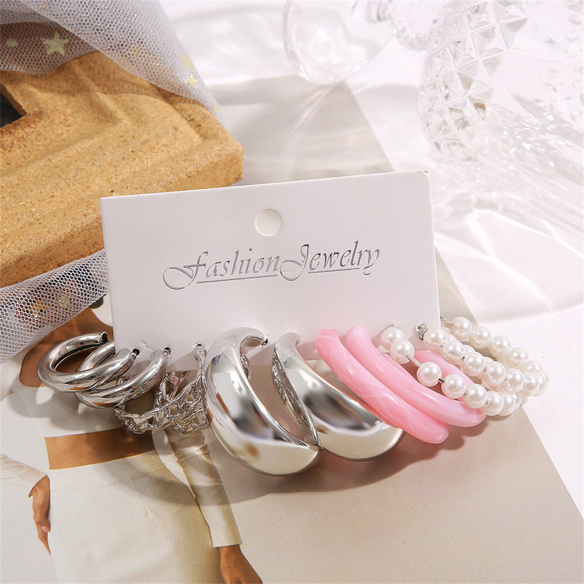 Pink Resin and Pearl Silver-Plated Hoop Earrings Set, silver huggie earrings, botanical inspired, styled look