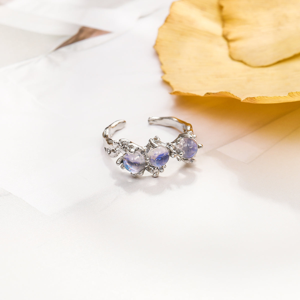 Lavender Moonstone and Silver-Plated Botanical Open Ring, silver statement rings for women, botanical inspired, front view