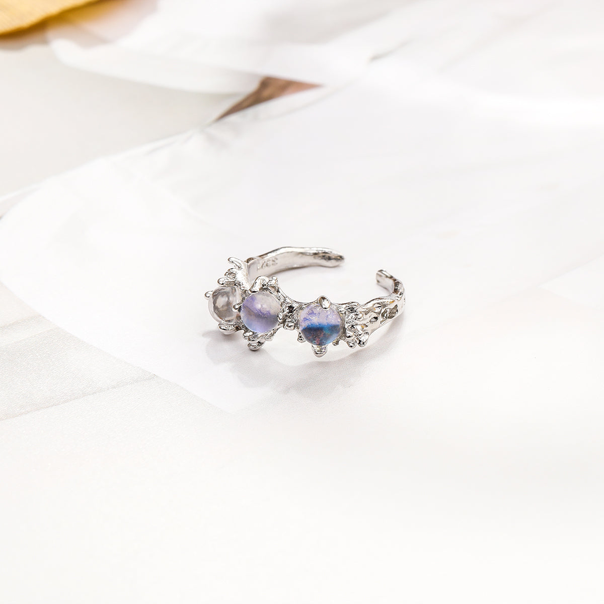 Lavender Moonstone and Silver-Plated Botanical Open Ring, silver statement rings for women, botanical inspired, side view