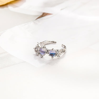 Lavender Moonstone and Silver-Plated Botanical Open Ring, silver statement rings for women, botanical inspired, side view