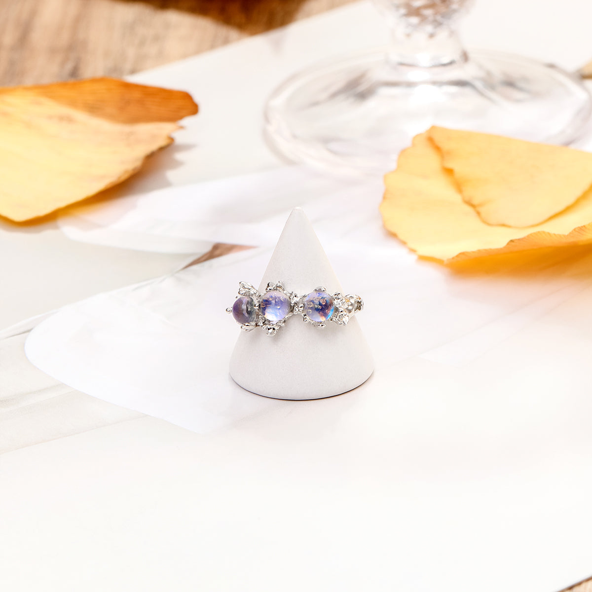 Lavender Moonstone and Silver-Plated Botanical Open Ring, silver statement rings for women, detail close-up
