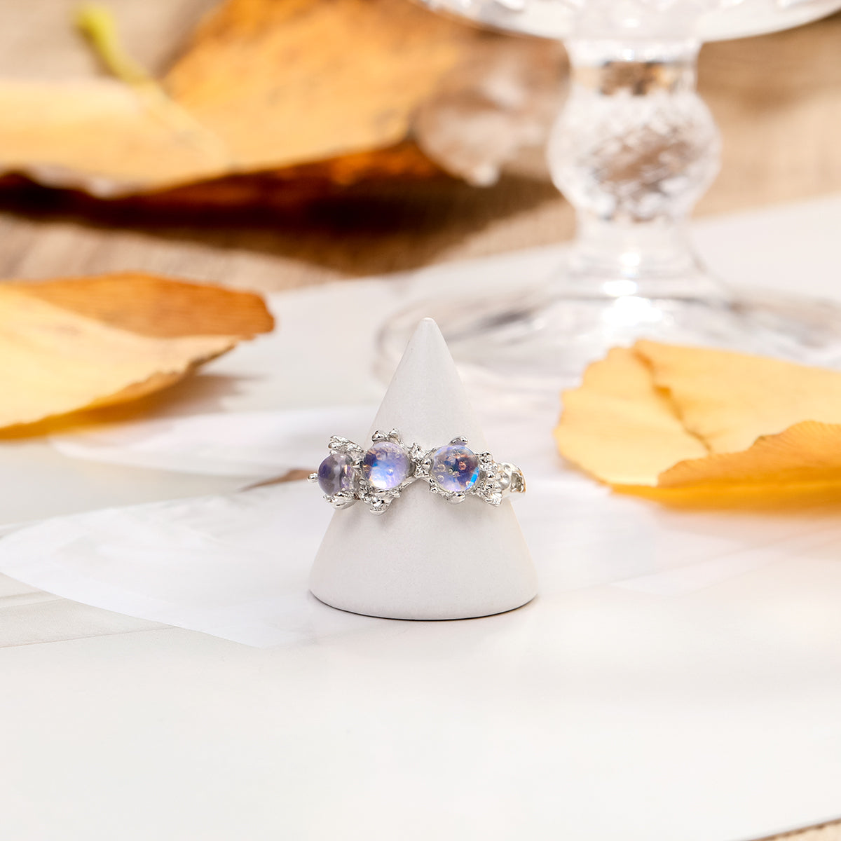 Lavender Moonstone and Silver-Plated Botanical Open Ring, silver statement rings for women, lifestyle look
