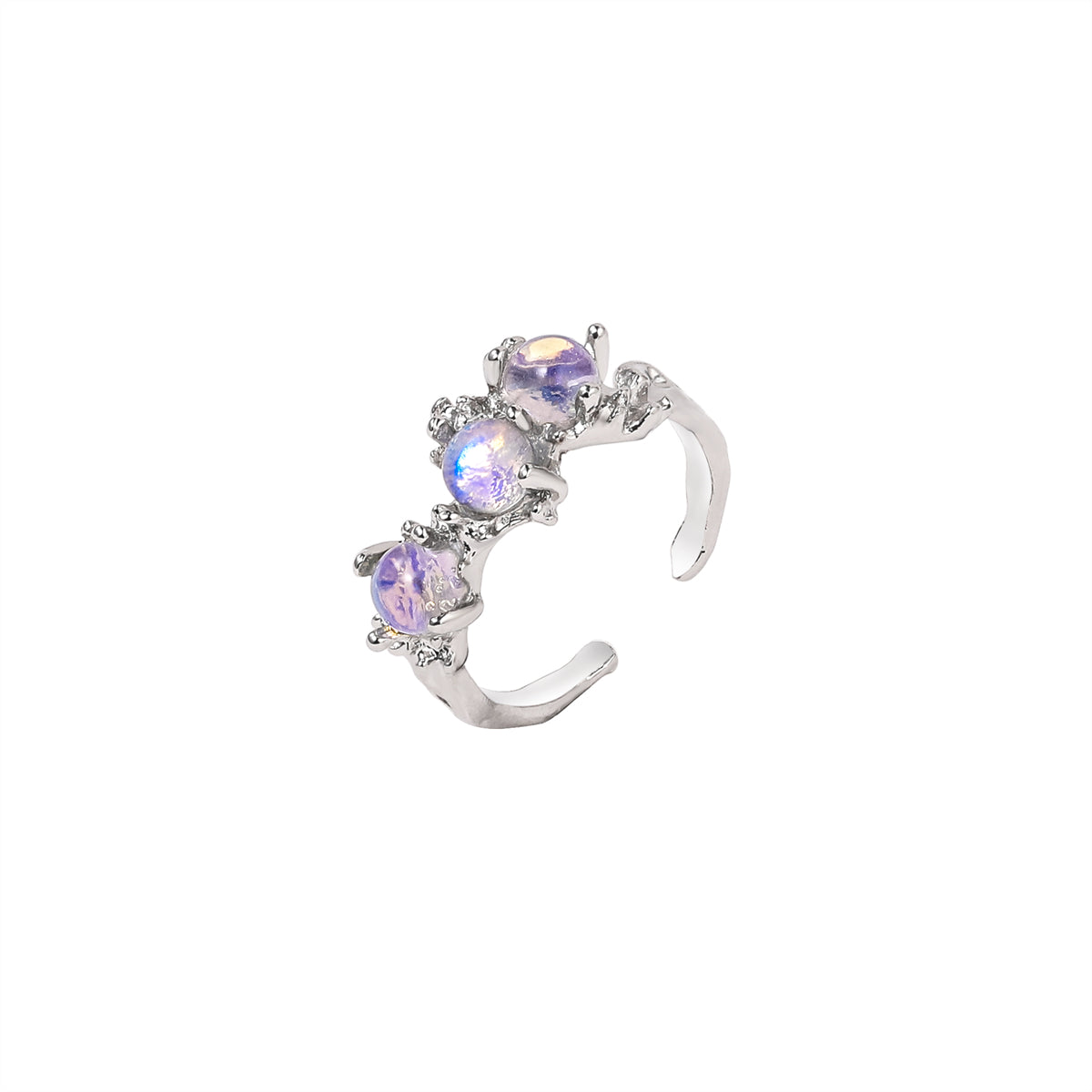 Lavender Moonstone and Silver-Plated Botanical Open Ring, silver statement rings for women, botanical inspired, styled look