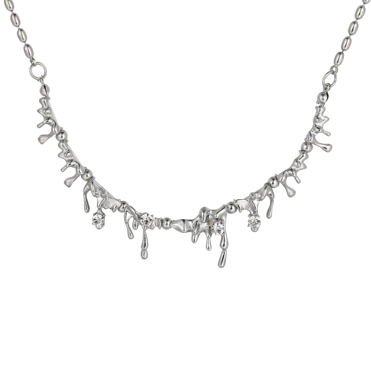 Cubic Zirconia and Silver-Plated Lava Statement Necklace, silver pendant necklace for women, botanical inspired, front view