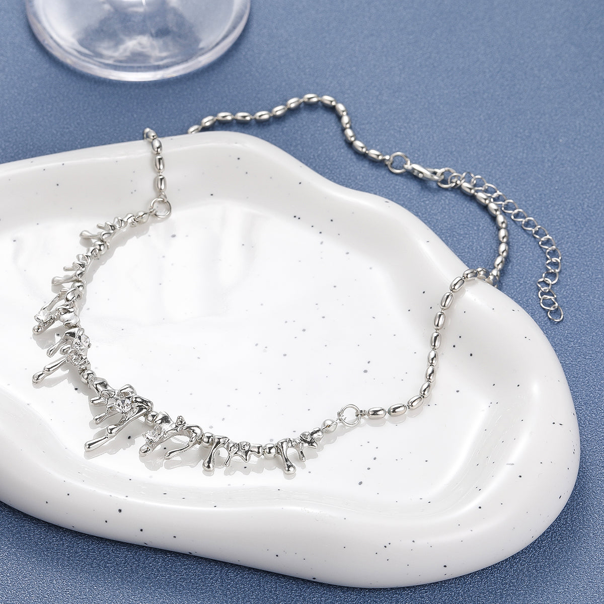 Cubic Zirconia and Silver-Plated Lava Statement Necklace, silver pendant necklace for women, detail close-up