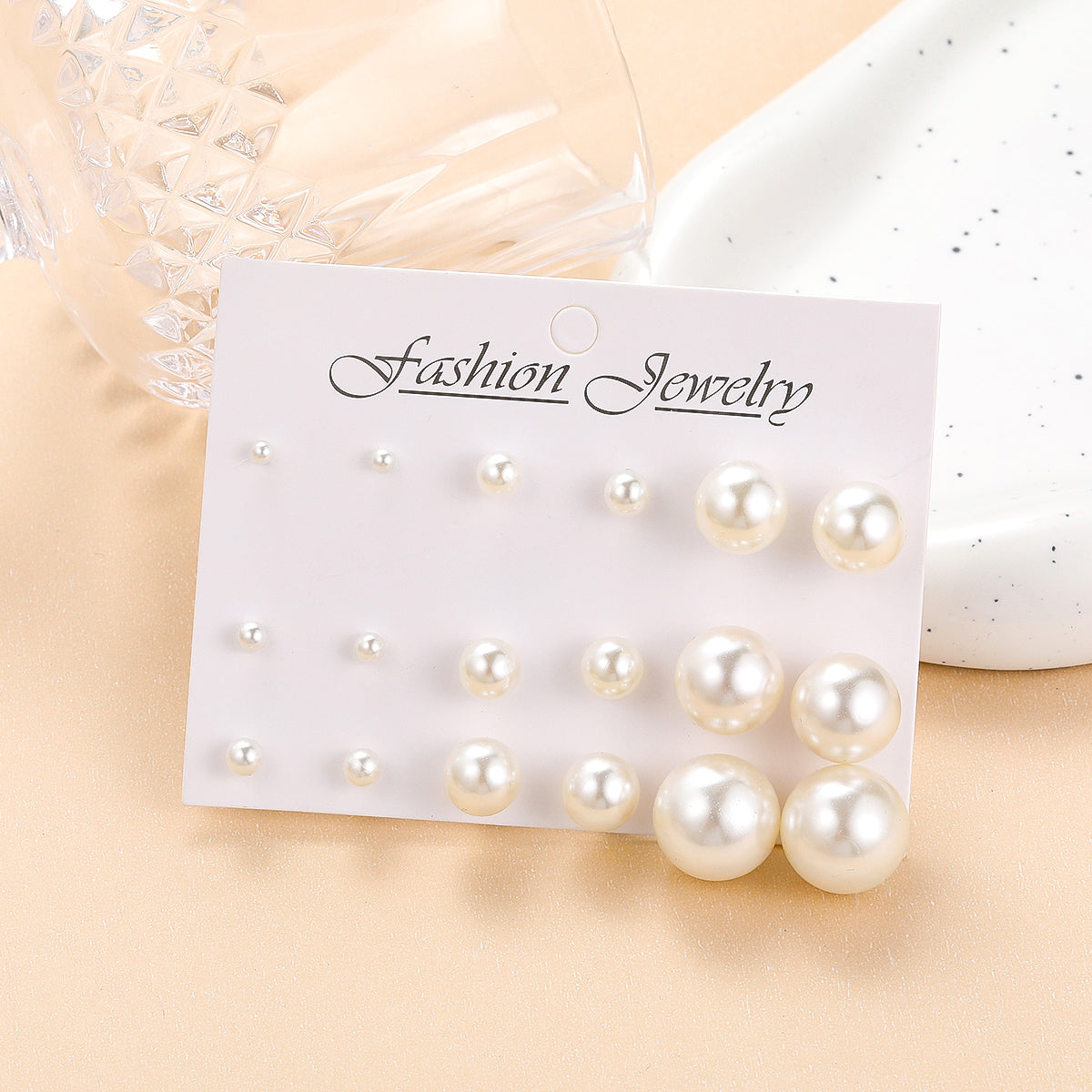 Champagne Pearl and Silver-Plated Round Stud Earrings Set, silver stud earrings for women, everyday style, front view