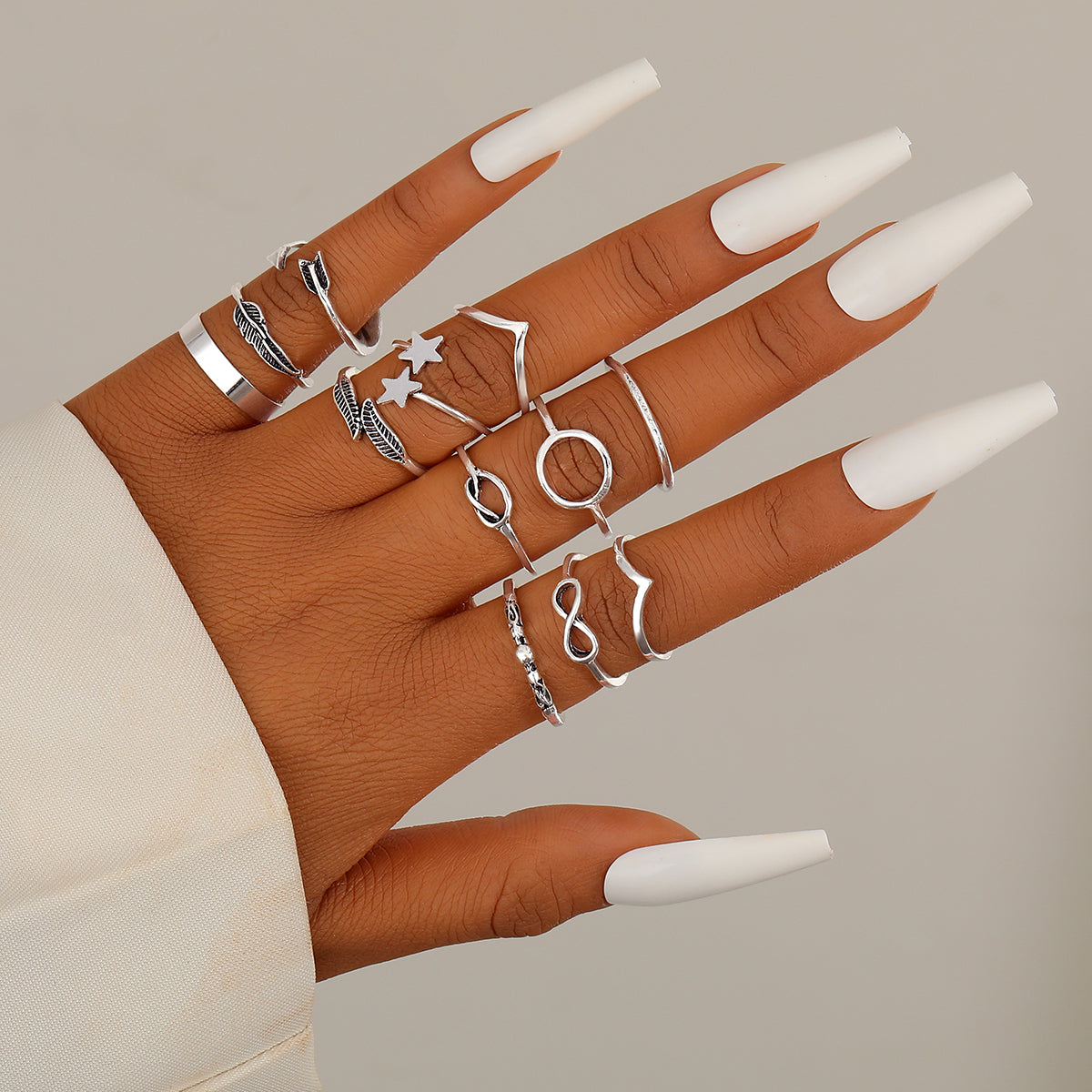 Blue Enamel and Silver-Plated Botanical Celestial Ring Set, silver statement rings for women, everyday style, front view