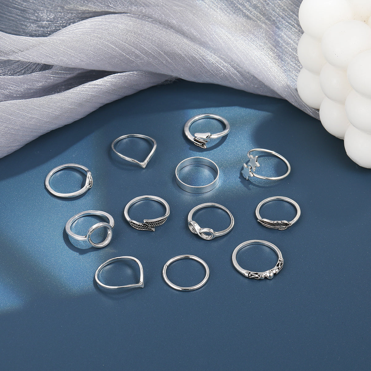 Blue Enamel and Silver-Plated Botanical Celestial Ring Set, silver statement rings for women, everyday style, detail close-up