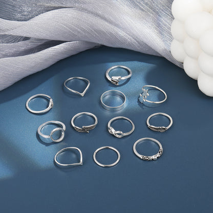 Blue Enamel and Silver-Plated Botanical Celestial Ring Set, silver statement rings for women, everyday style, detail close-up