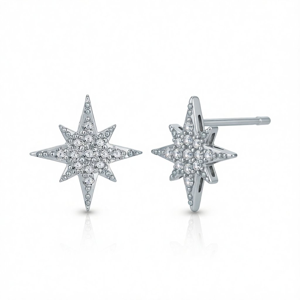 Cubic Zirconia and Silver-Plated Starburst Stud Earrings, cubic zirconia stud earrings for women, side view