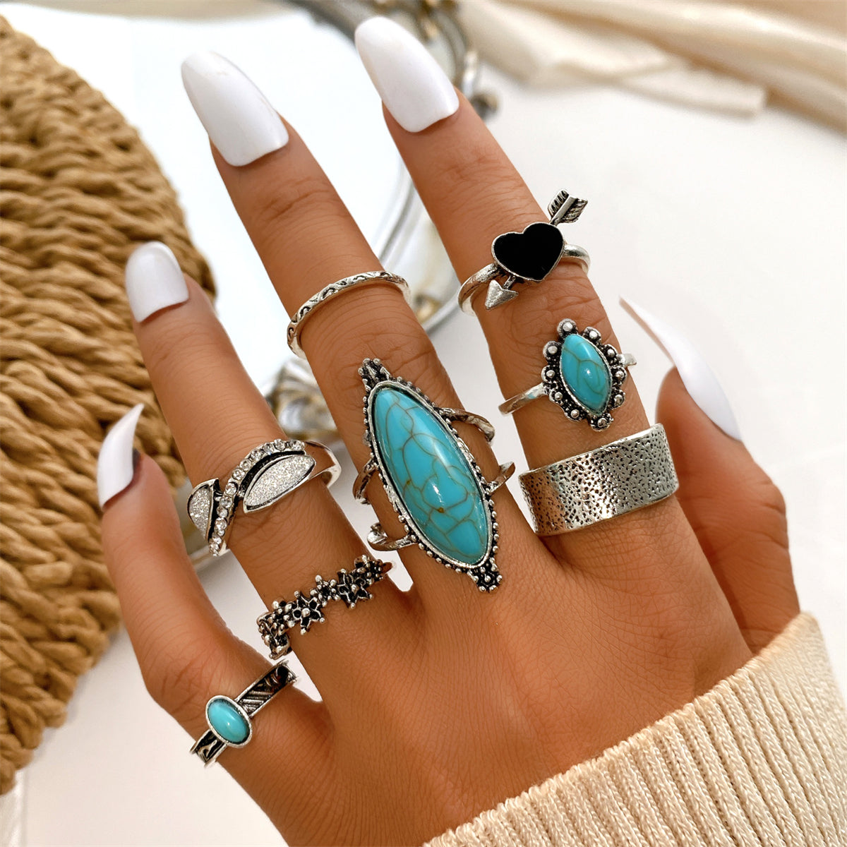 Turquoise and Cubic Zirconia Heart Ring Set, statement rings for women, vintage-inspired design, front view