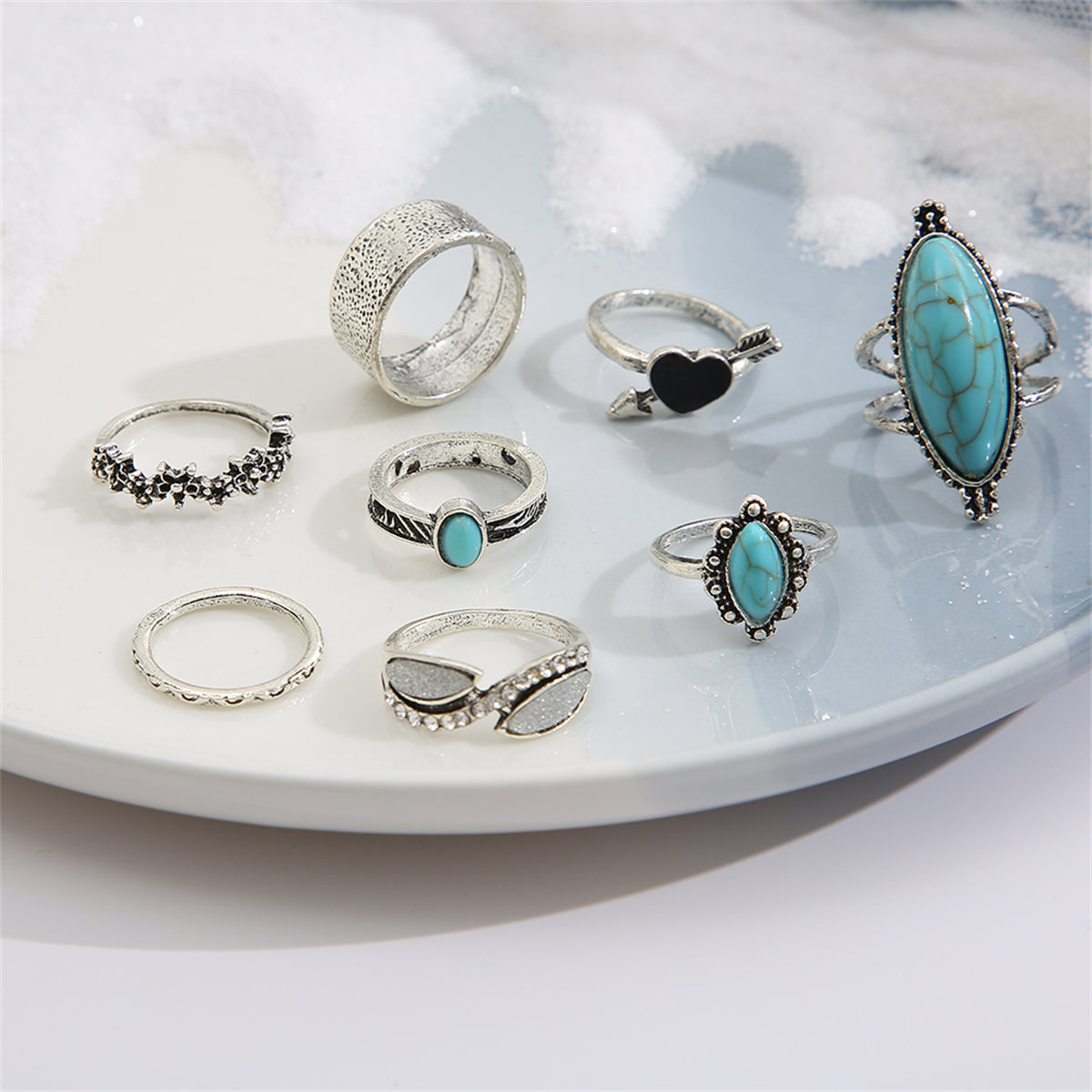 Turquoise and Cubic Zirconia Heart Ring Set, statement rings for women, vintage-inspired design, side view