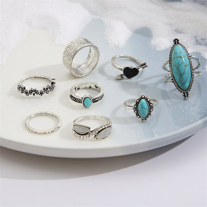 Turquoise and Cubic Zirconia Heart Ring Set, statement rings for women, vintage-inspired design, side view