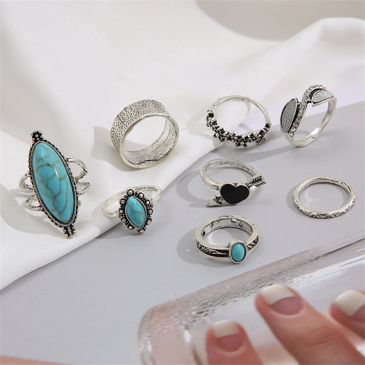 Turquoise and Cubic Zirconia Heart Ring Set, statement rings for women, vintage-inspired design, detail close-up