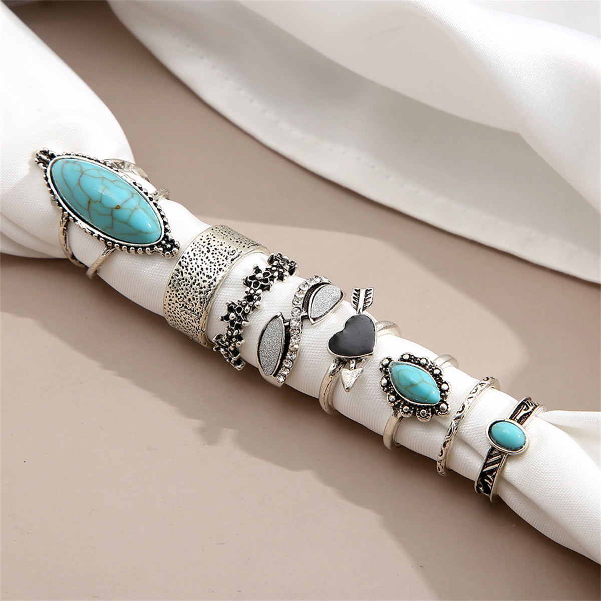 Turquoise and Cubic Zirconia Heart Ring Set, statement rings for women, vintage-inspired design, lifestyle look