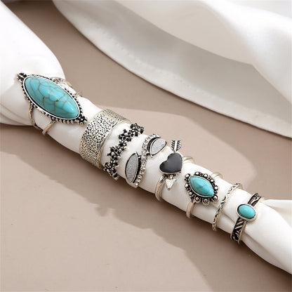 Turquoise and Cubic Zirconia Heart Ring Set, statement rings for women, vintage-inspired design, lifestyle look
