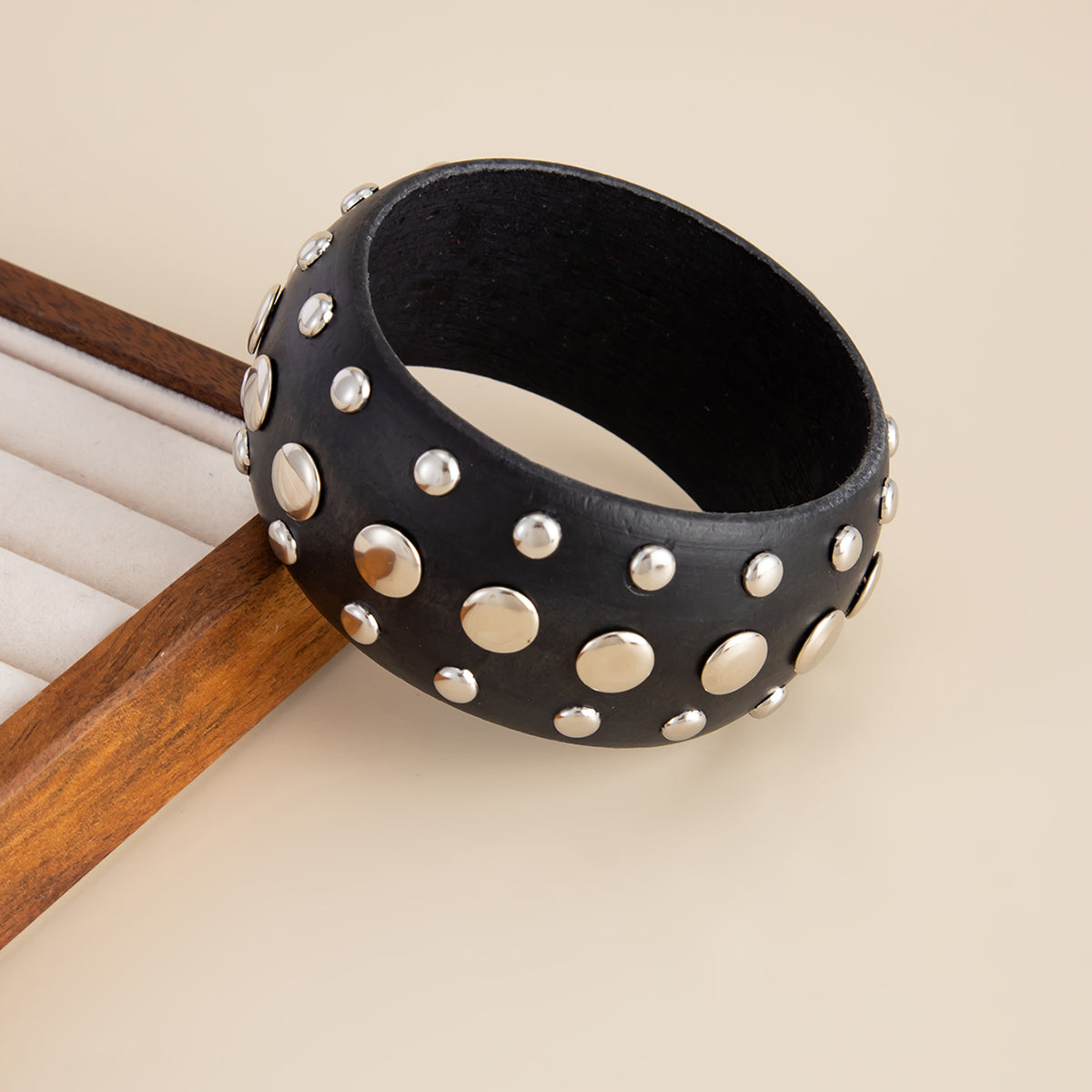 Black Wood and Silvertone Spot Layered Bangle, silver bangle bracelet, elegant gift for her, side view